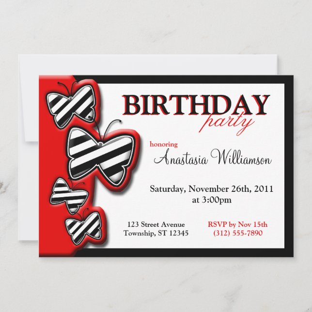 Invitaciones de cumpleaños de mariposas blancas y  (Anverso)