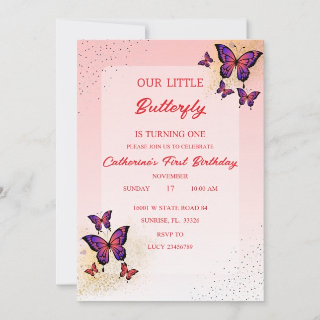 Invitaciones de cumpleaños de mariposas rojas (Anverso)