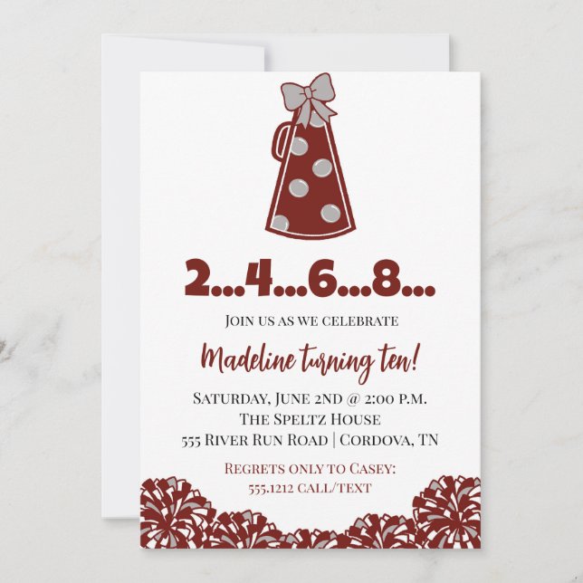 Invitaciones de cumpleaños de Maroon y White Cheer (Anverso)