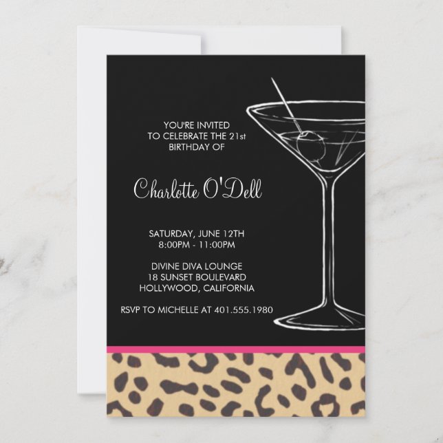 Invitaciones de cumpleaños de Martini Leopard Prin (Anverso)