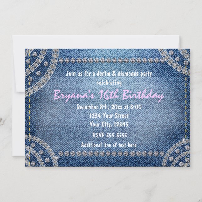 Invitaciones de cumpleaños de mezclilla y diamante (Anverso)