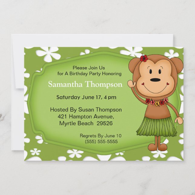 Invitaciones de cumpleaños de monos hawaianos (Anverso)
