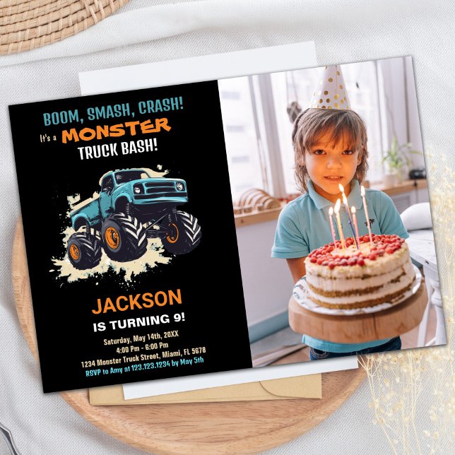 Invitaciones de cumpleaños de Monster Truck foto e (Monster Truck Birthday Invitations Black w photo)
