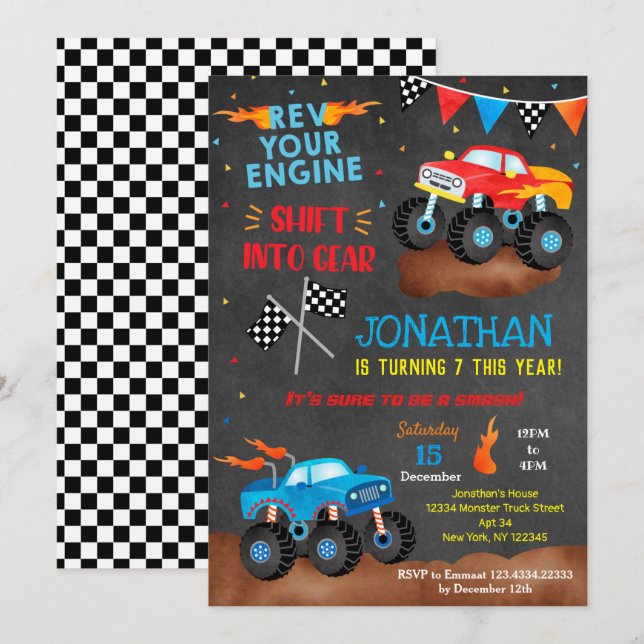 Invitaciones de cumpleaños de monster Truck para n (Anverso / Reverso)