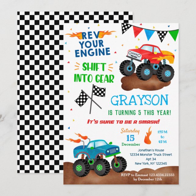Invitaciones de cumpleaños de monster Truck para n (Anverso / Reverso)