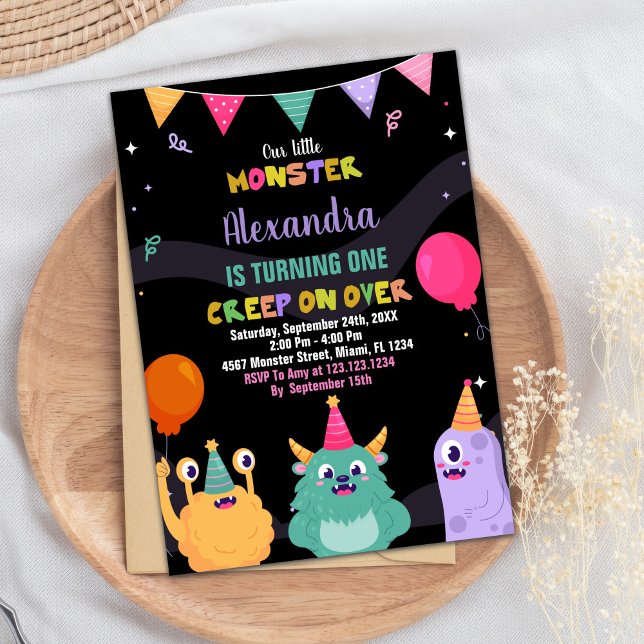 Invitaciones de cumpleaños de monstruo Ballon negr (Monster Birthday Invitations Pink Ballon Black)