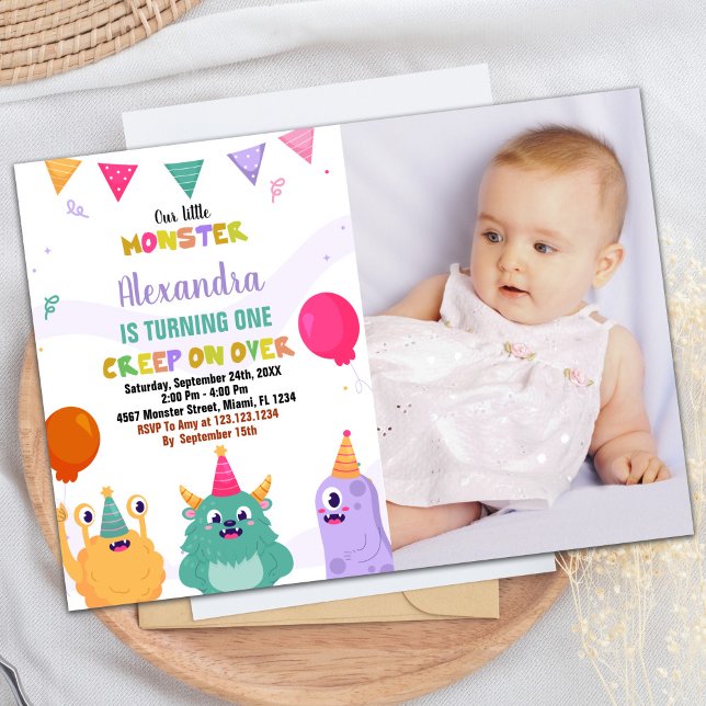 Invitaciones de cumpleaños de monstruo Balón rosa  (Monster Birthday Invitations Pink Ballon w photo)