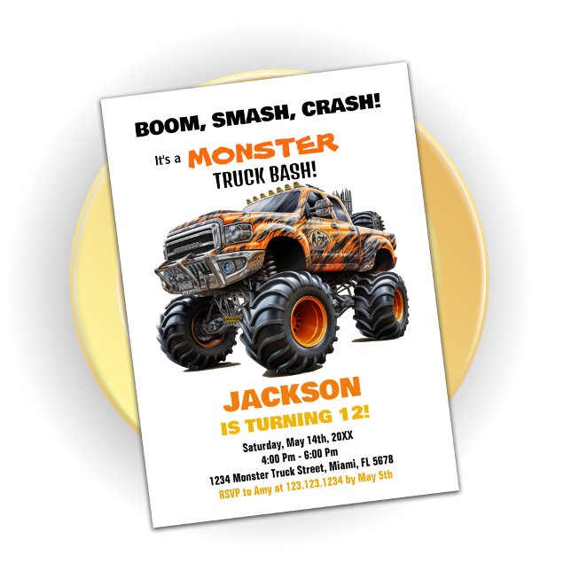 Invitaciones de cumpleaños de monstruo Naranja osc (Dark Orange Monster Truck Birthday Invitations)