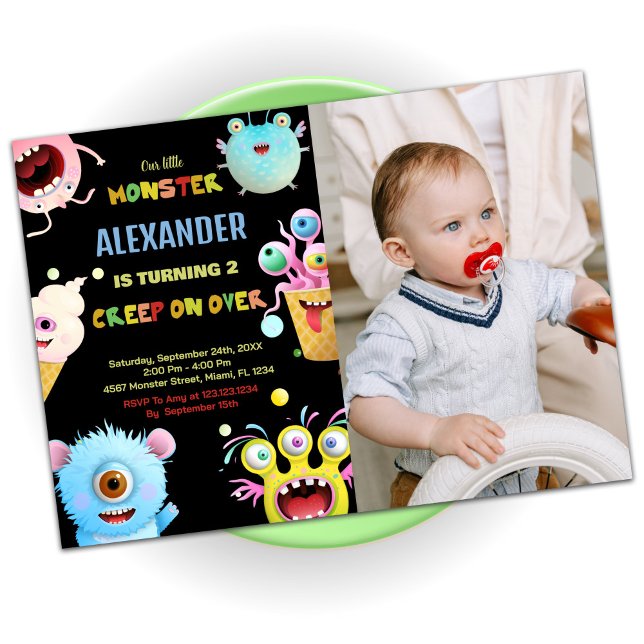 Invitaciones de cumpleaños de monstruo negro con f (Monster Birthday Invitations Black with photo)