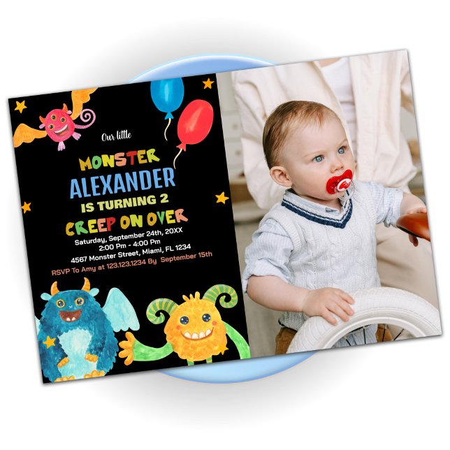Invitaciones de cumpleaños de monstruo negro con f (Monster Birthday Invitations Black with photo)