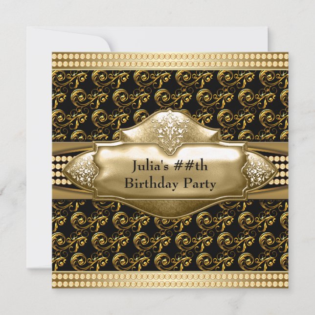 Invitaciones de cumpleaños de mujer en negro y dor (Anverso)