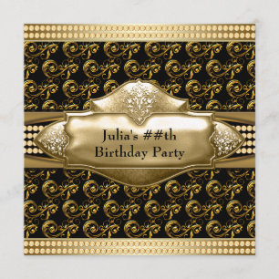 Invitaciones de cumpleaños de mujer en negro y dor