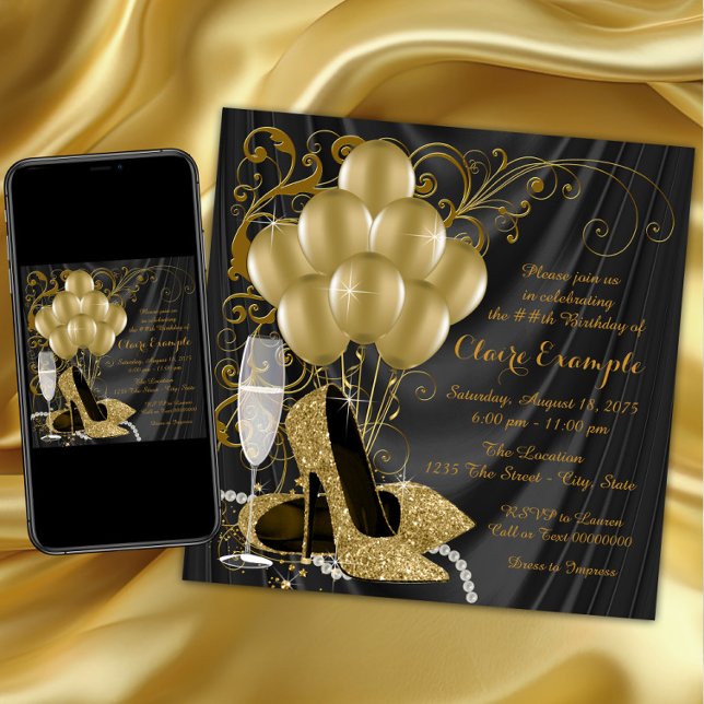 Invitaciones de cumpleaños de mujer en negro y dor (Womans black and gold high heel shoe birthday party invitation. High heel shoe invitation. Any #.)