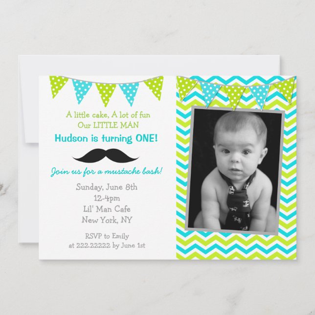 Invitaciones de cumpleaños de Mustache Little Man (Anverso)