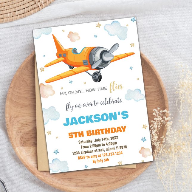 Invitaciones de cumpleaños de naranja a avión (Orange Airplane Birthday Invitations)