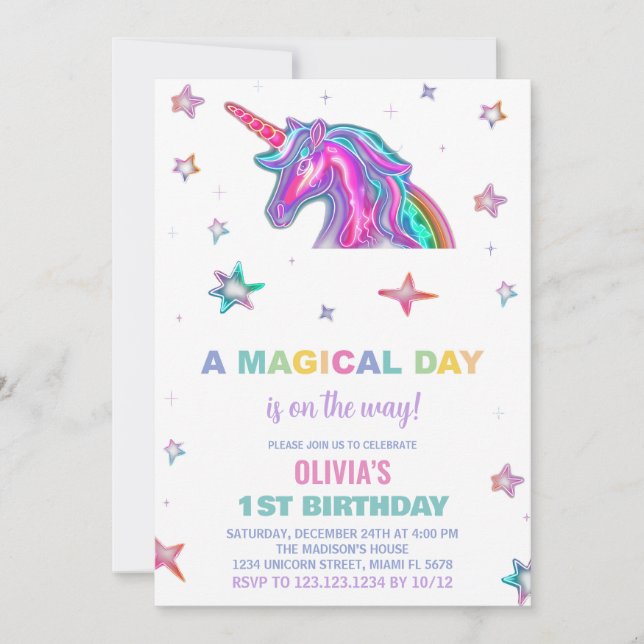 Invitaciones de cumpleaños de Neon Unicorn (Anverso)