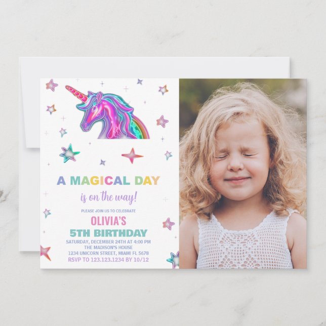 Invitaciones de cumpleaños de Neon Unicorn con fot (Anverso)