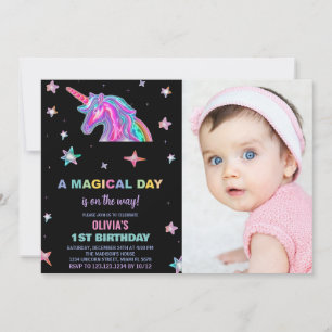 Invitaciones de cumpleaños de Neon Unicorn con fot