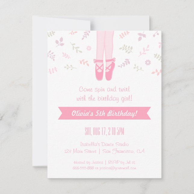 Invitaciones de cumpleaños de niña bailarina de ba (Anverso)