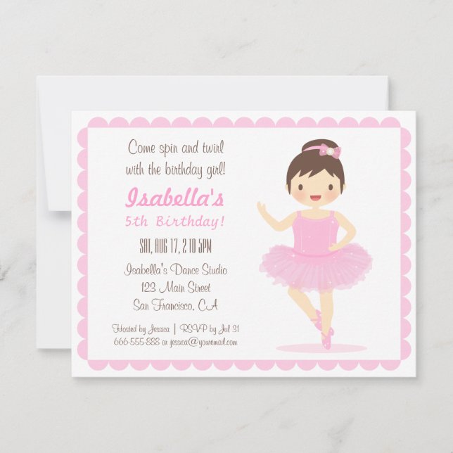 Invitaciones de cumpleaños de niña bailarina linda (Anverso)