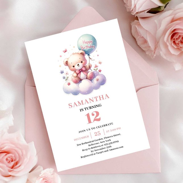Invitaciones de cumpleaños de niña con globo de os (Adorable teddy bear balloon girl birthday invitation

)