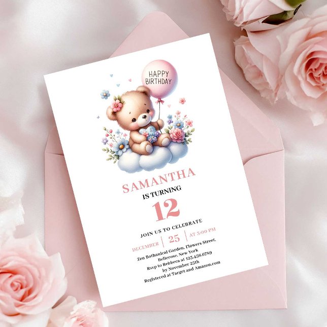 Invitaciones de cumpleaños de niña con globo de os (Charming teddy bear balloon girl birthday invitation

)