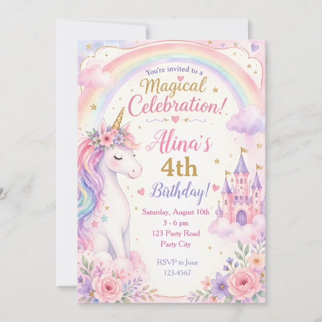 Invitaciones de cumpleaños de niña de unicornio -  (Anverso)
