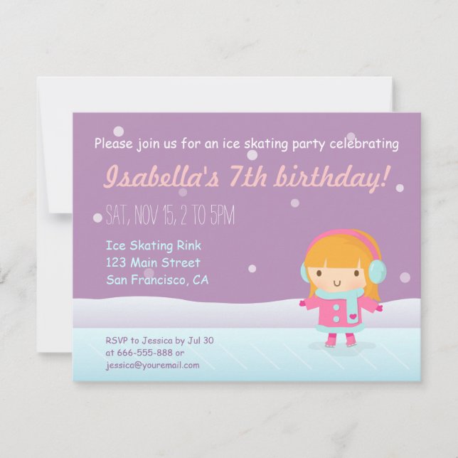 Invitaciones de cumpleaños de niña patinando sobre (Anverso)