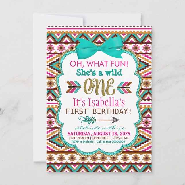 Invitaciones de cumpleaños de niña salvaje tribal (Anverso)