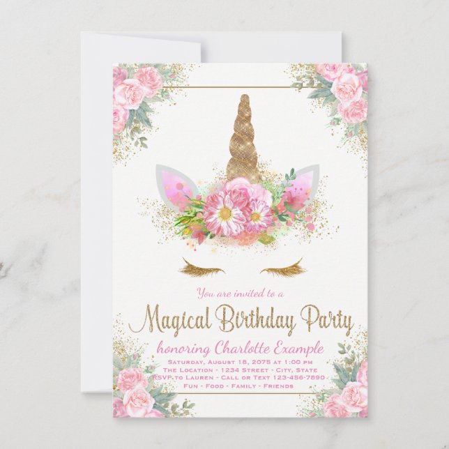 Invitaciones de cumpleaños de niñas unicornio mági (Anverso)