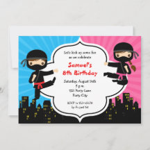 Invitaciones de cumpleaños de Ninja niño Chica gem