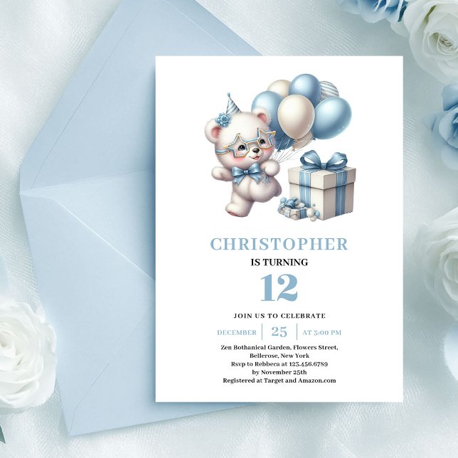 Invitaciones de cumpleaños de niño azul polvorient (Lovely teddy bear dusty blue boy birthday invitation

)
