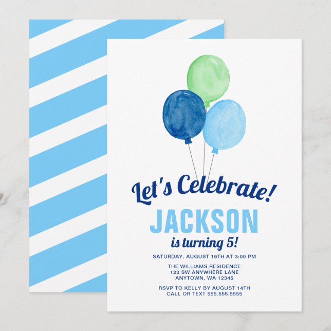 Invitaciones de cumpleaños de niño con globos de a (Anverso / Reverso)