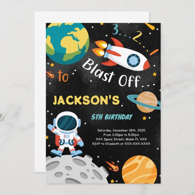 Invitaciones de cumpleaños de Niño Espacial (Anverso / Reverso)