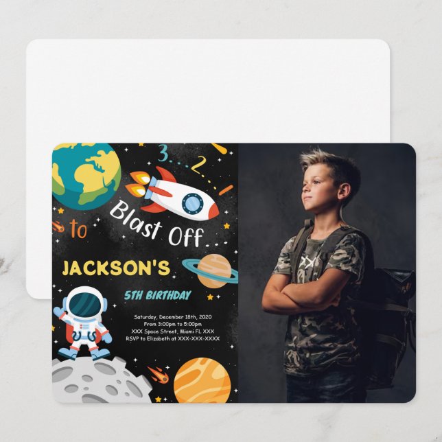 Invitaciones de cumpleaños de niño espacial con fo (Anverso / Reverso)