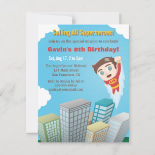 Invitaciones de cumpleaños de niño superhéroe vola