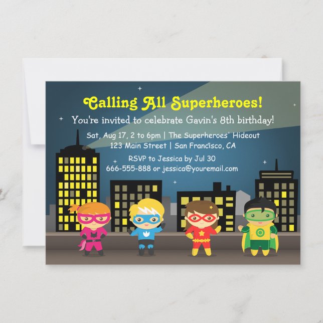 Invitaciones de Cumpleaños de Niños Superhéroes Li (Anverso)