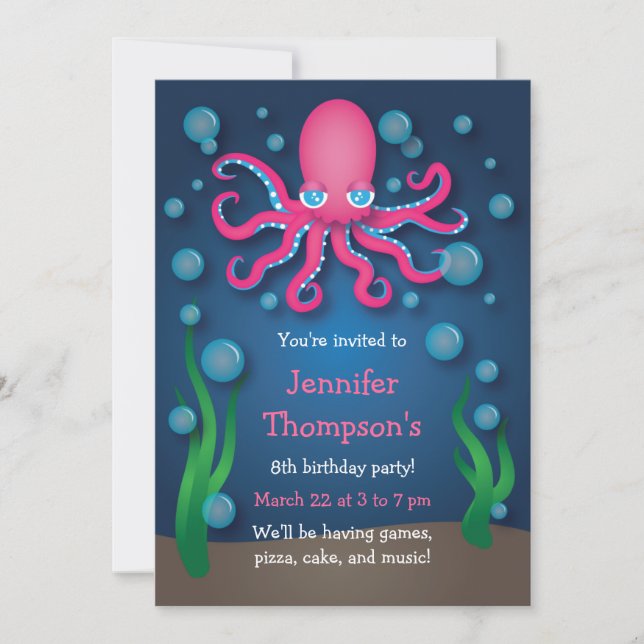 Invitaciones de cumpleaños de Octopus Rosa bajo el (Anverso)