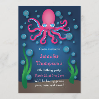 Invitaciones de cumpleaños de Octopus Rosa bajo el