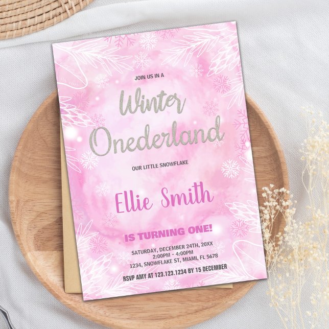 Invitaciones de cumpleaños de Onederland en invier (Winter ONEderland Birthday Invitations Pink Glitte)