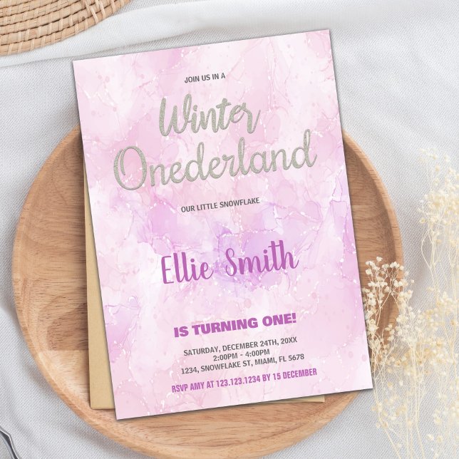 Invitaciones de cumpleaños de Onederland en invier (Winter ONEderland Birthday Invitations Pink Art)