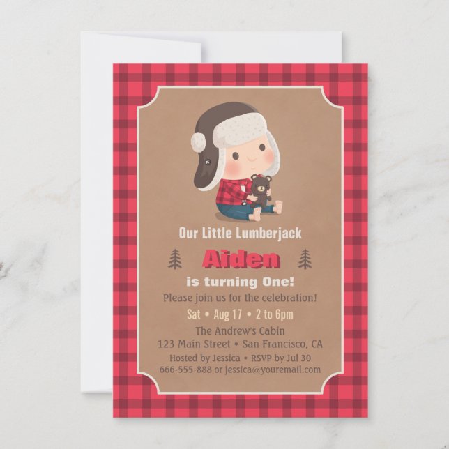 Invitaciones de cumpleaños de osito de peluche leñ (Anverso)