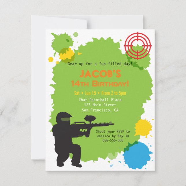 Invitaciones de cumpleaños de paintball con objeti (Anverso)