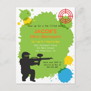 Invitaciones de cumpleaños de paintball con objeti