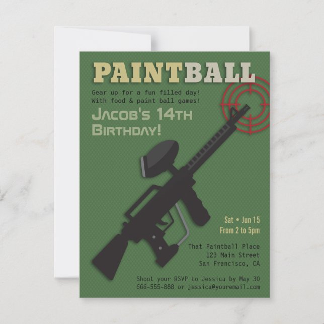 Invitaciones de cumpleaños de paintball Target (Anverso)