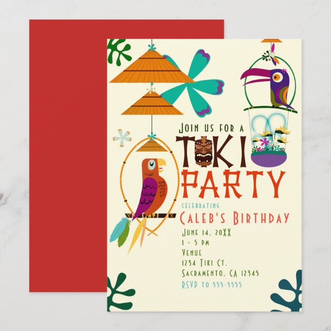 Invitaciones de cumpleaños de pájaros Tiki a una f (Anverso / Reverso)