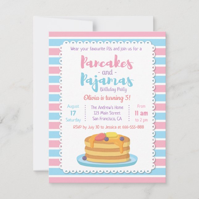 Invitaciones de Cumpleaños de Panqueques y Pijamas (Anverso)