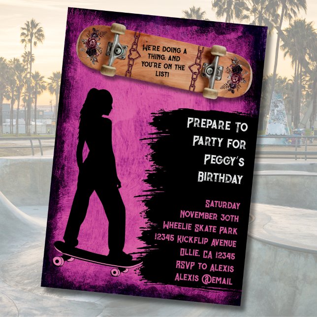 Invitaciones de cumpleaños de patinadora "Shred Li (Shred Like a Girl Skateboarding Birthday Party Invitations)