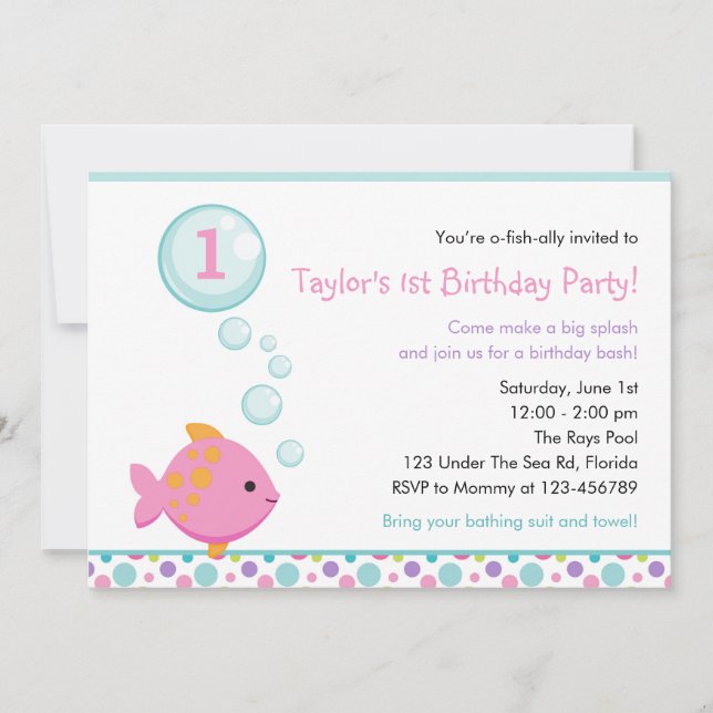 Invitaciones de cumpleaños de peces (Chicas) con b (Anverso)