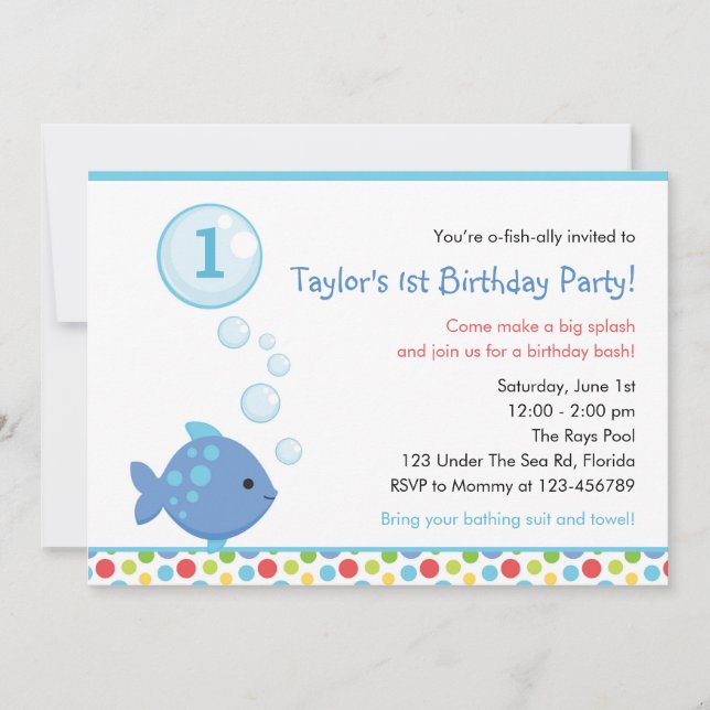 Invitaciones de cumpleaños de peces (niños) con bu (Anverso)